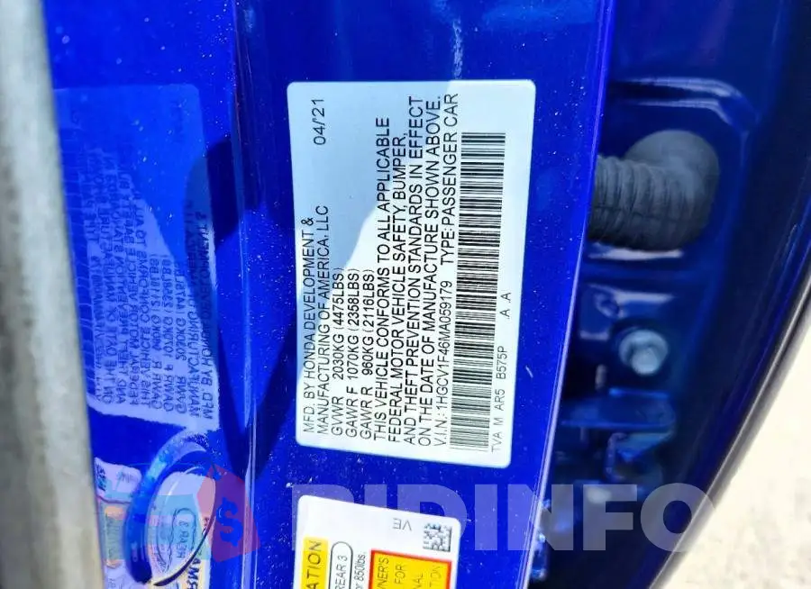 1HGCV1F46MA059179 Photo# 12