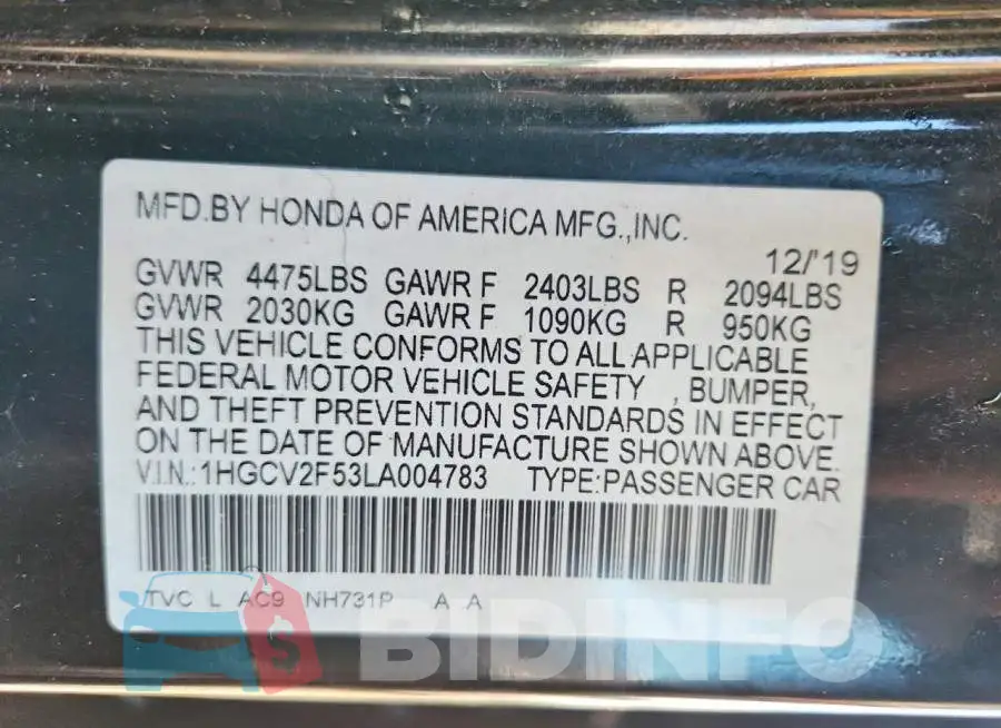 1HGCV2F53LA004783 Photo# 12