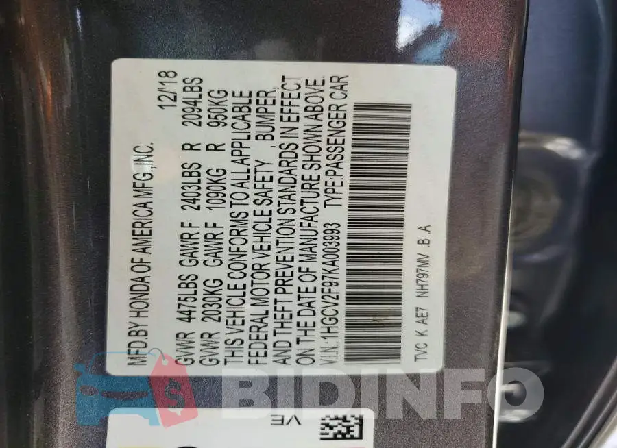 1HGCV2F97KA003993 Photo# 14