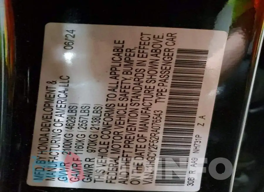 1HGCY2F52RA076543 Photo# 12