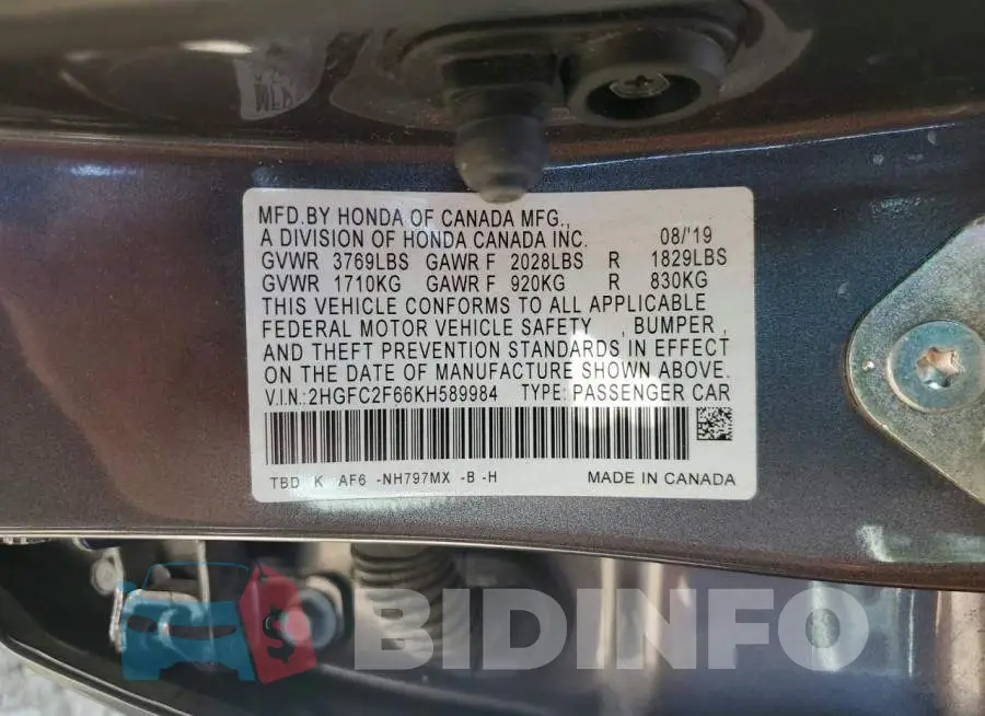 2HGFC2F66KH589984 Photo# 12