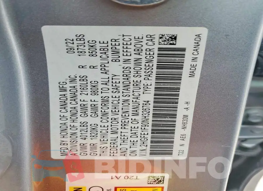 2HGFE1F90NH326764 Photo# 12