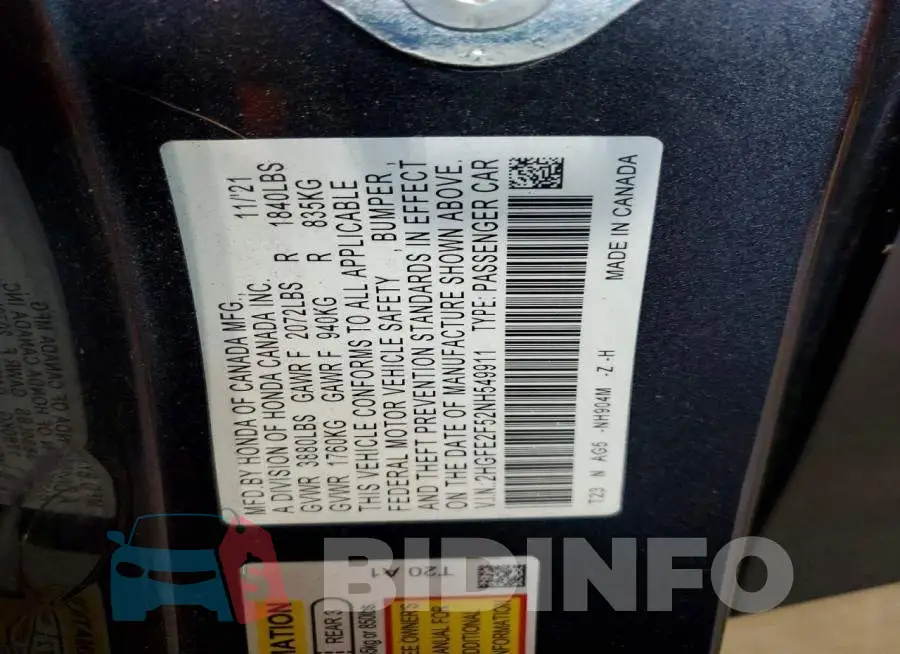 2HGFE2F52NH549911 Photo# 12