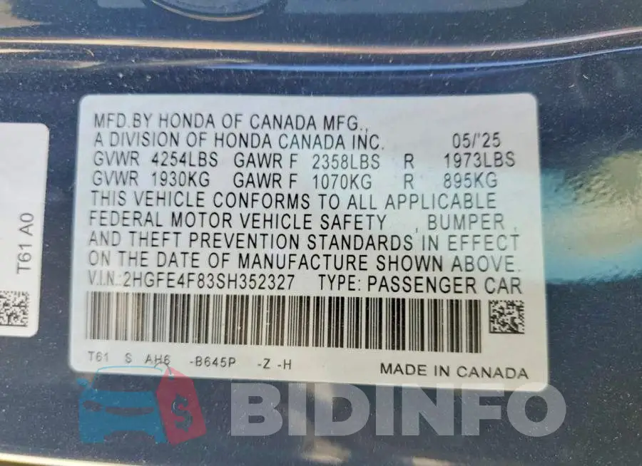 2HGFE4F83SH352327 Photo# 13