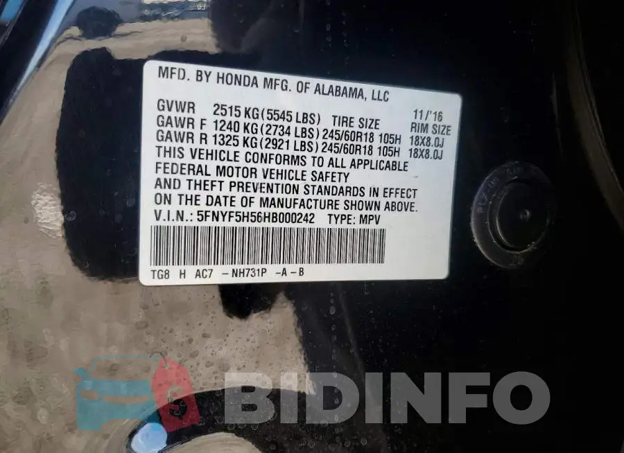 5FNYF5H56HB000242 Photo# 13