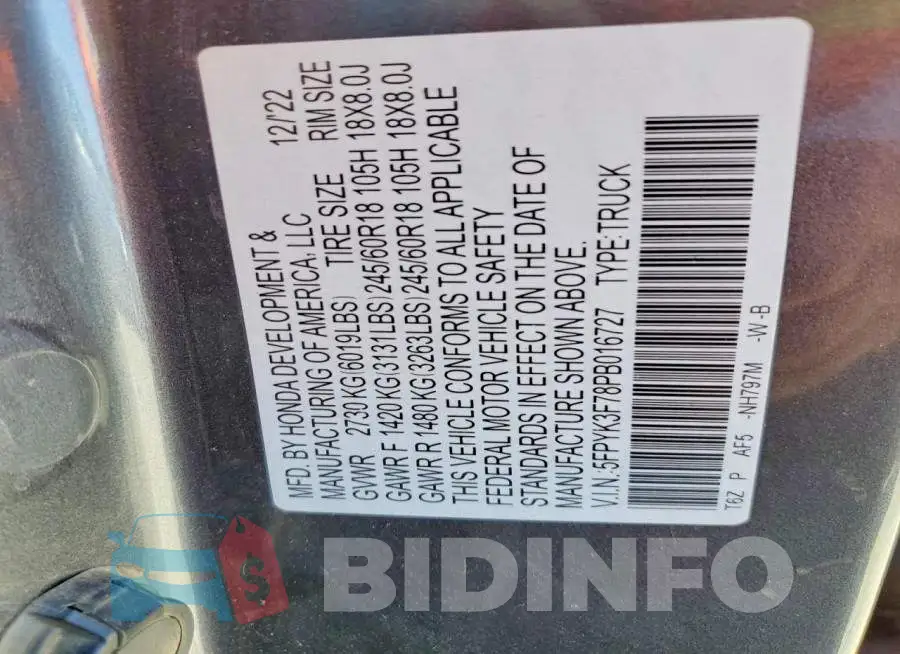5FPYK3F78PB016727 Photo# 13