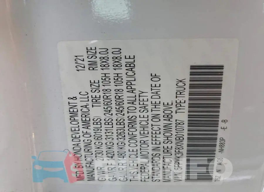 5FPYK3F8XNB010787 Photo# 12