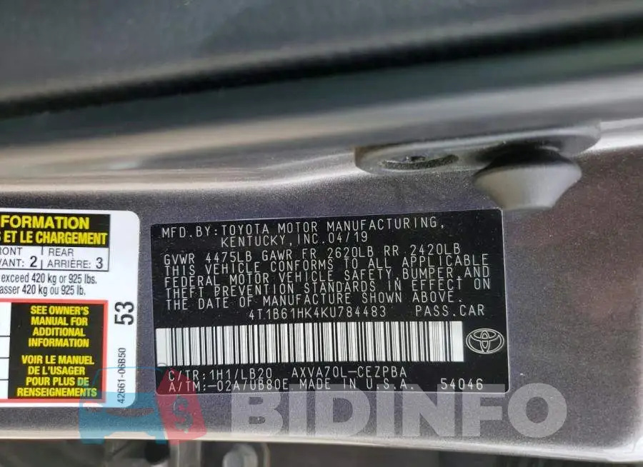 4T1B61HK4KU784483 Photo# 12