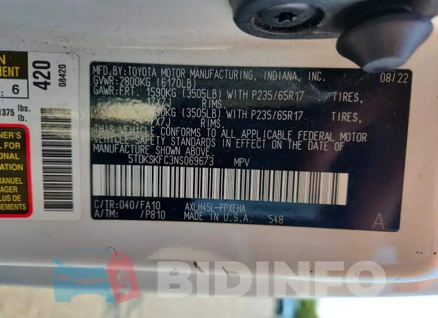 5TDKSKFC3NS069673 Photo# 13