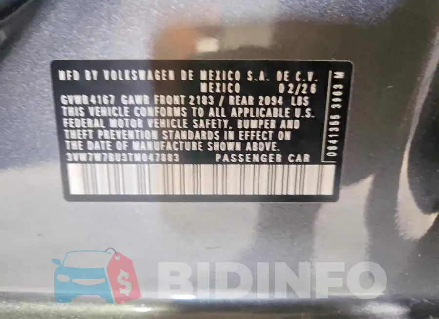 3VW7W7BU3TM047883 Photo# 12