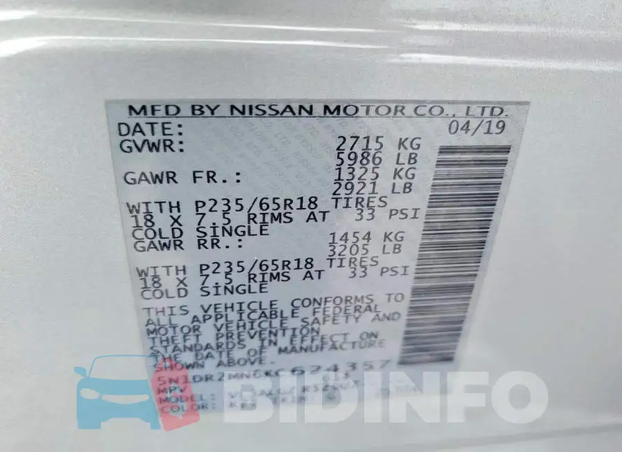 5N1DR2MN6KC624357 Photo# 13