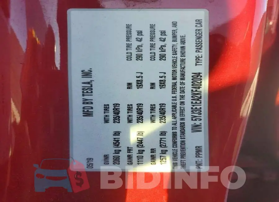 5YJ3E1EA2KF402094 Photo# 13