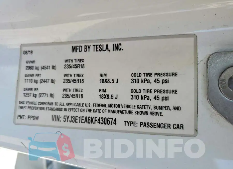 5YJ3E1EA6KF430674 Photo# 12