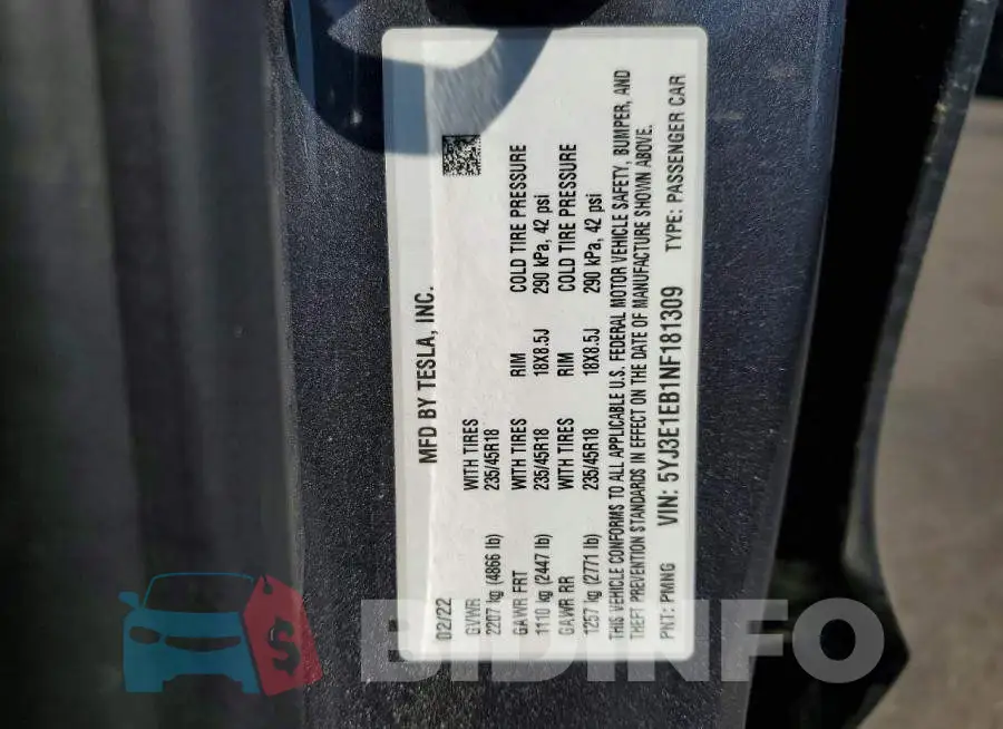 5YJ3E1EB1NF181309 Photo# 12