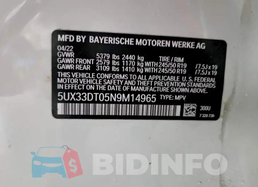 5UX33DT05N9M14965 Photo# 13