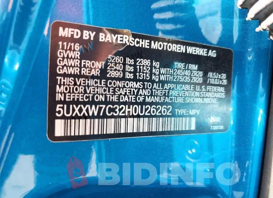 5UXXW7C32H0U26262 Photo# 13