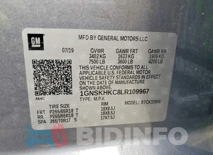 1GNSKHKC8LR109967 Photo# 14