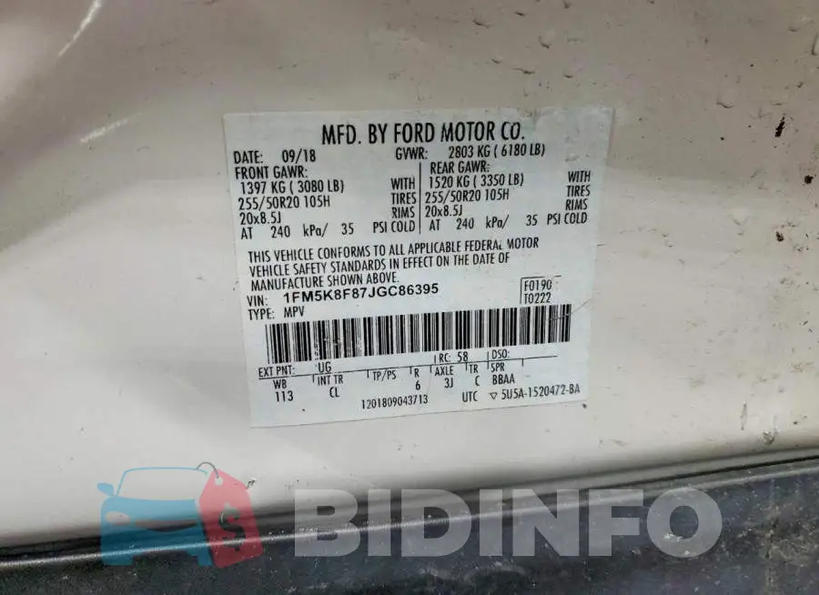 1FM5K8F87JGC86395 Photo# 14