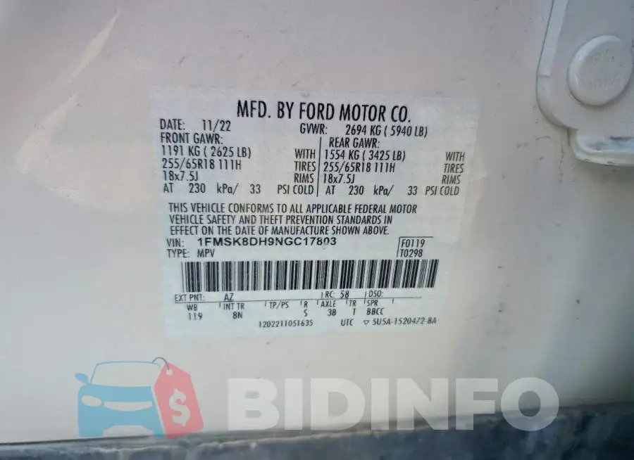 1FMSK8DH9NGC17803 Photo# 13