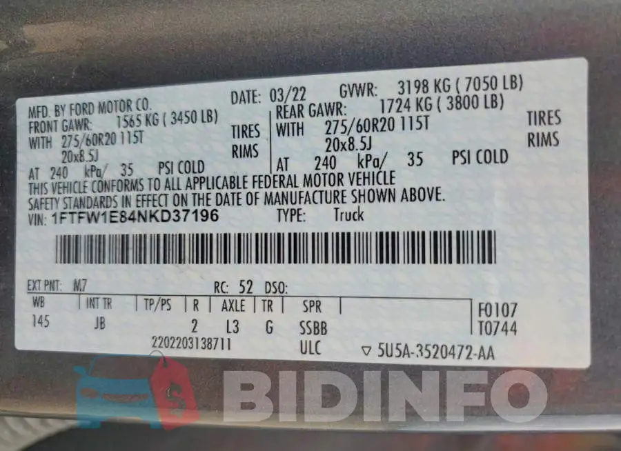 1FTFW1E84NKD37196 Photo# 12