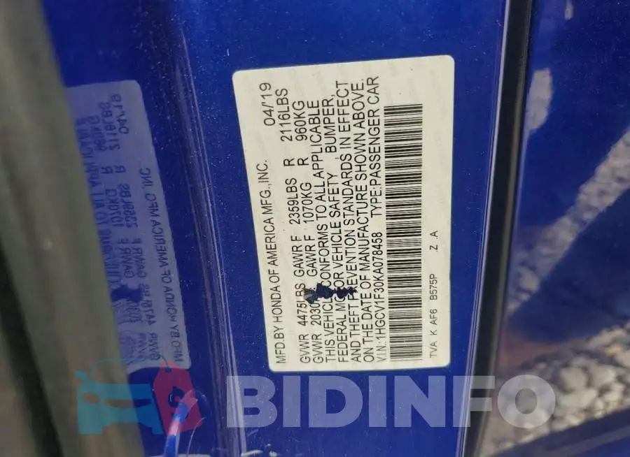 1HGCV1F30KA078458 Photo# 13
