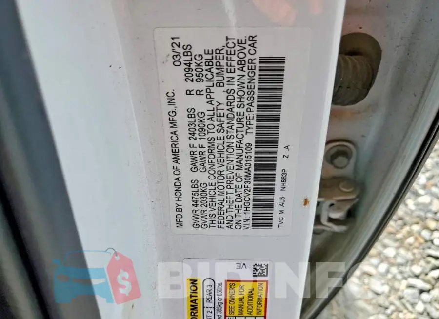 1HGCV2F30MA015109 Photo# 12