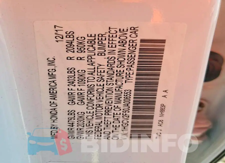 1HGCV2F50JA006553 Photo# 13