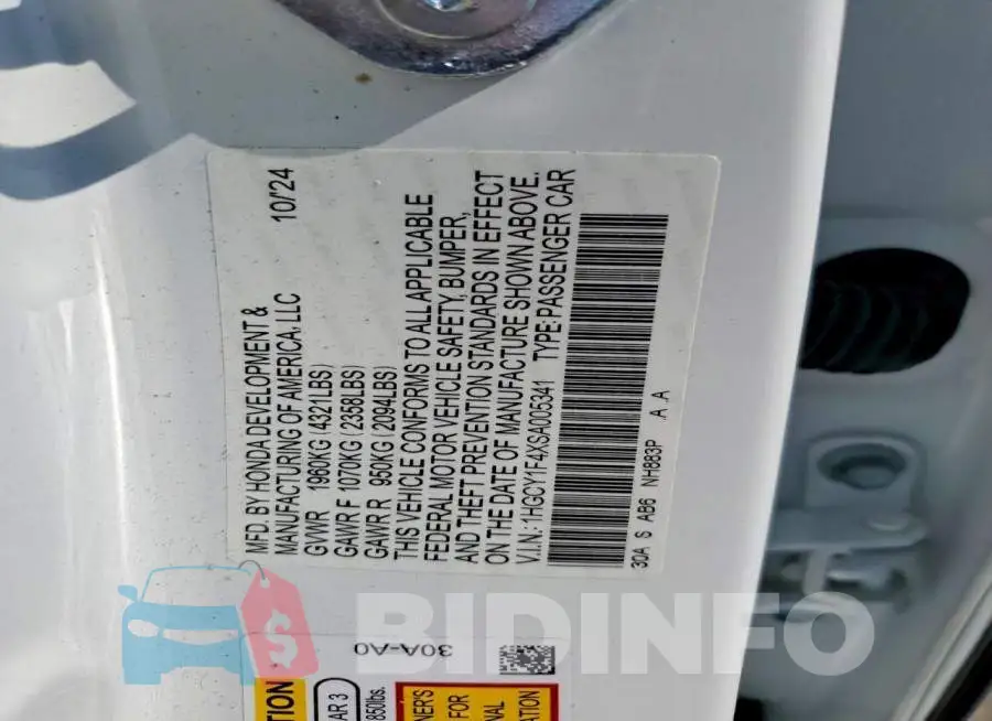 1HGCY1F4XSA005341 Photo# 12