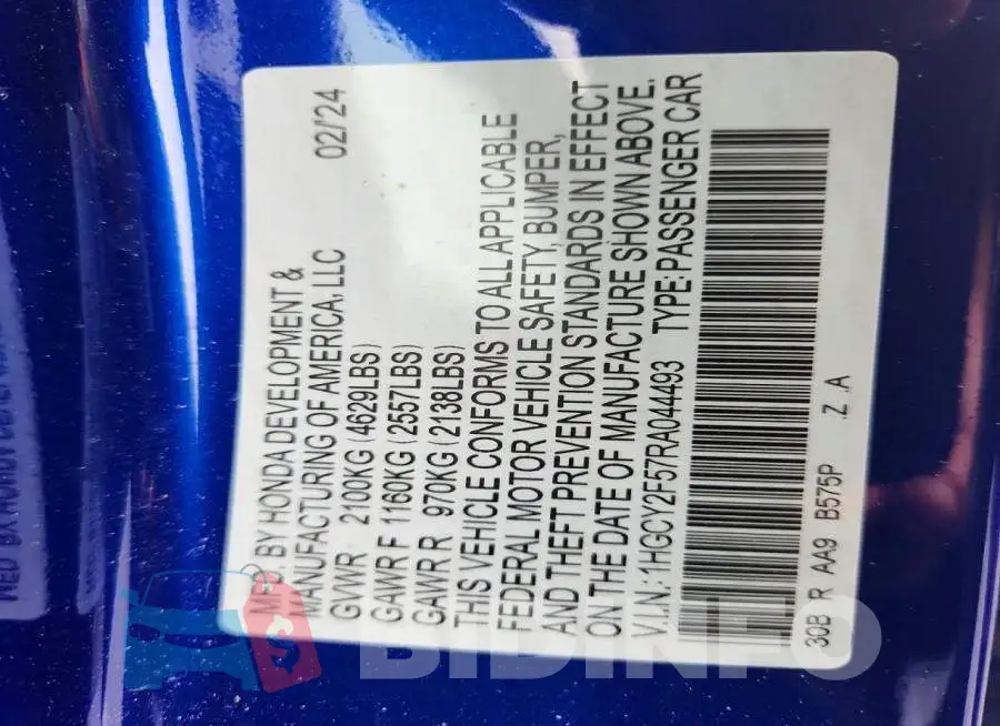 1HGCY2F57RA044493 Photo# 12