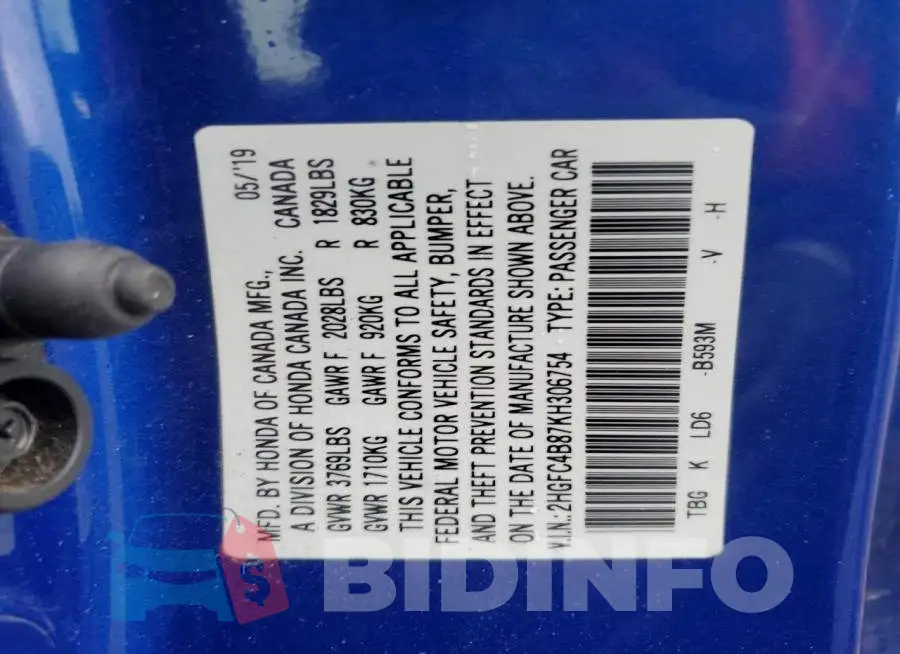 2HGFC4B87KH306754 Photo# 12