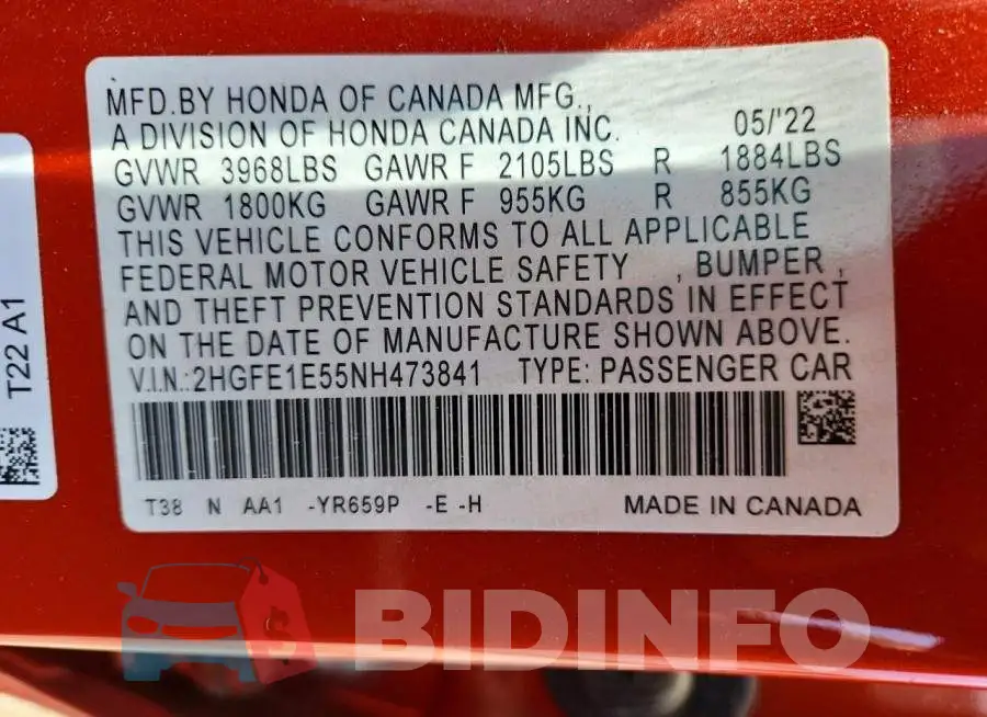 2HGFE1E55NH473841 Photo# 13