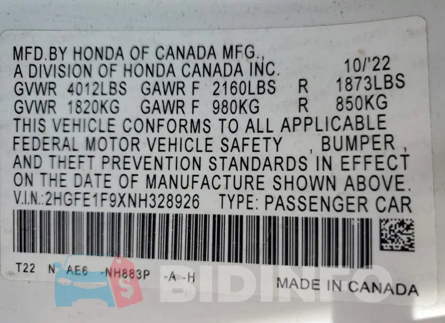 2HGFE1F9XNH328926 Photo# 12