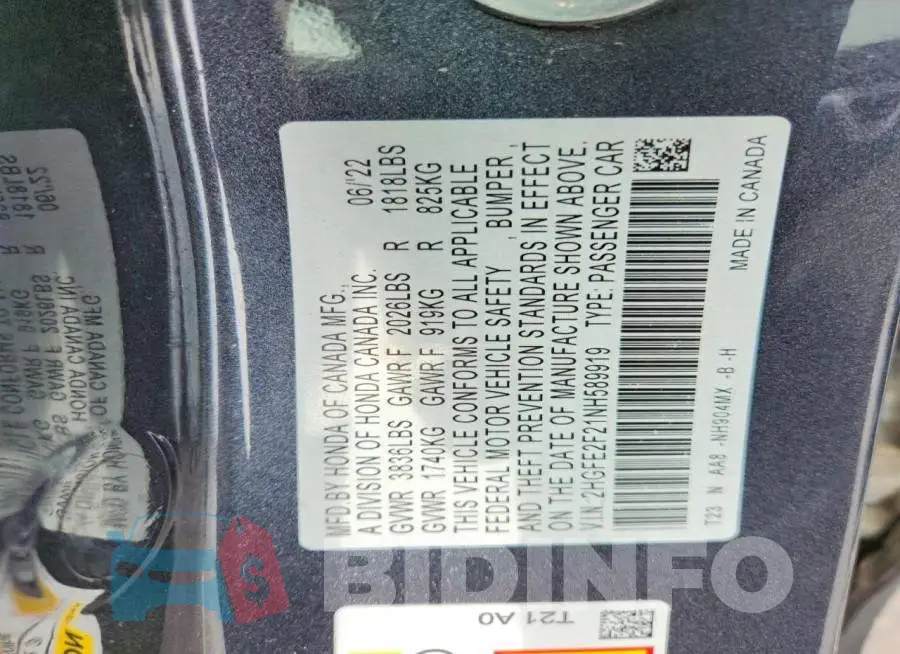2HGFE2F21NH589919 Photo# 12