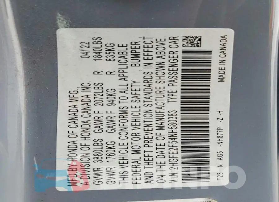 2HGFE2F54NH580383 Photo# 12