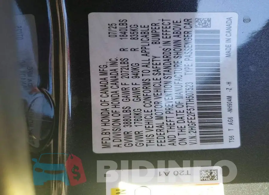 2HGFE2F57TH507523 Photo# 12