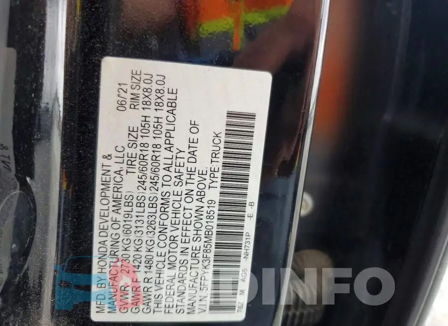 5FPYK3F85MB018519 Photo# 13