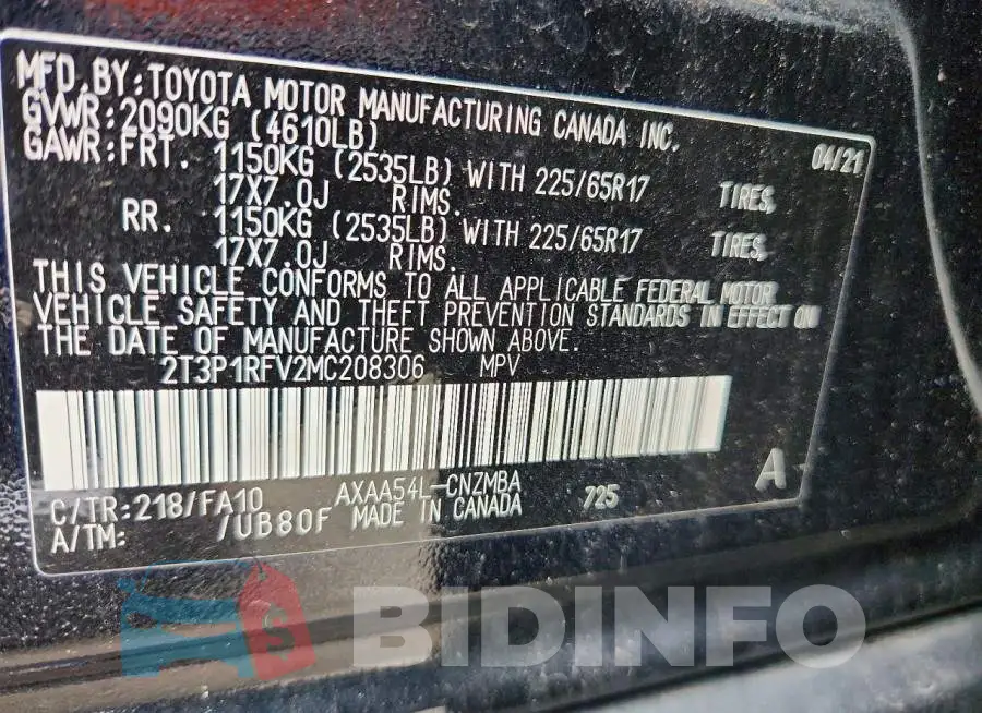 2T3P1RFV2MC208306 Photo# 13
