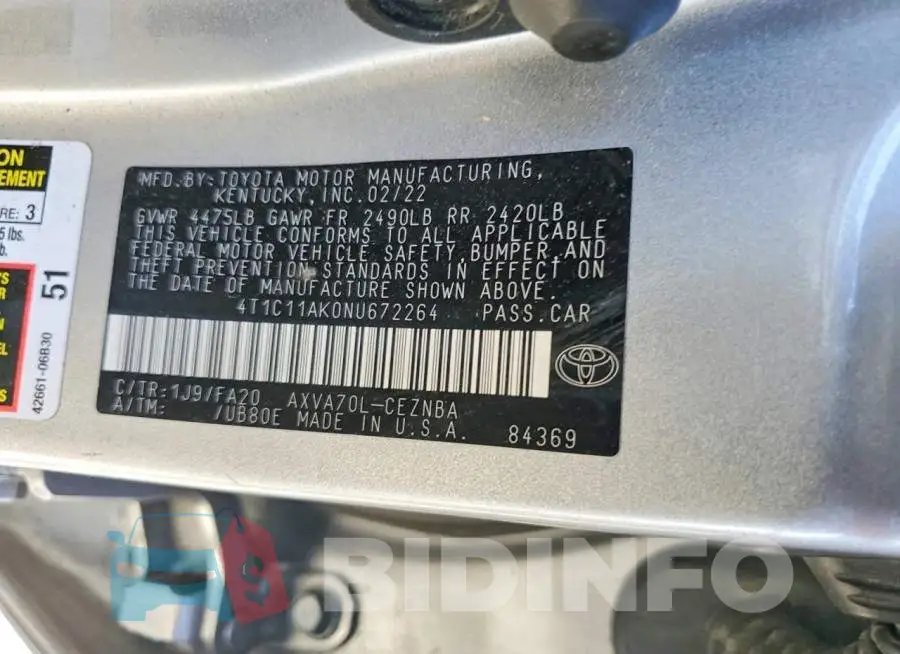 4T1C11AK0NU672264 Photo# 13