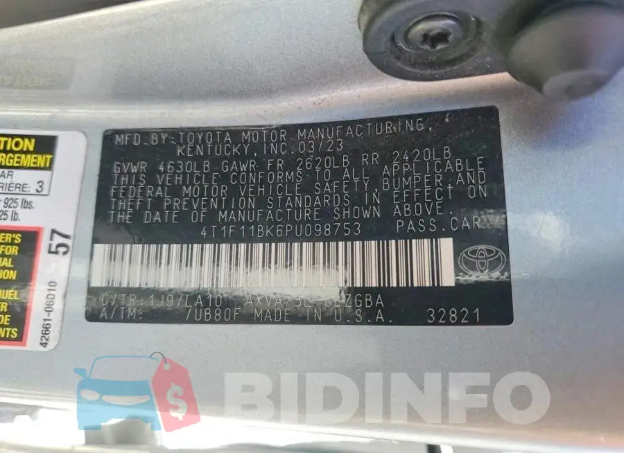 4T1F11BK6PU098753 Photo# 13
