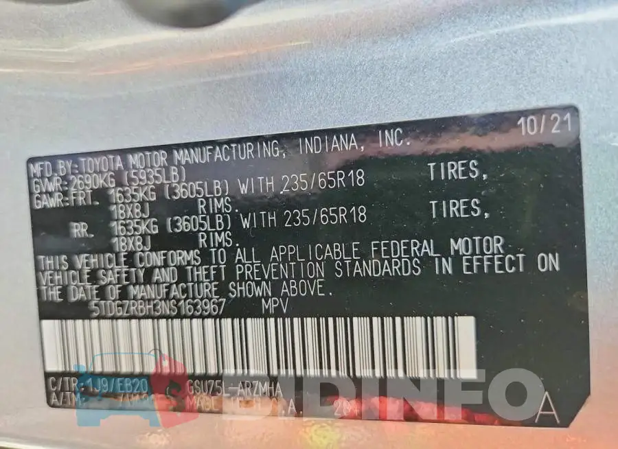 5TDGZRBH3NS163967 Photo# 14