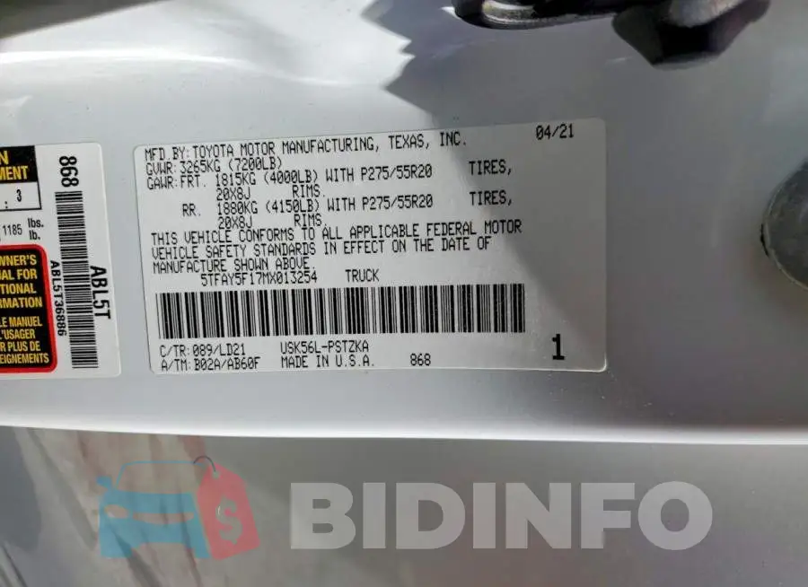 5TFAY5F17MX013254 Photo# 12