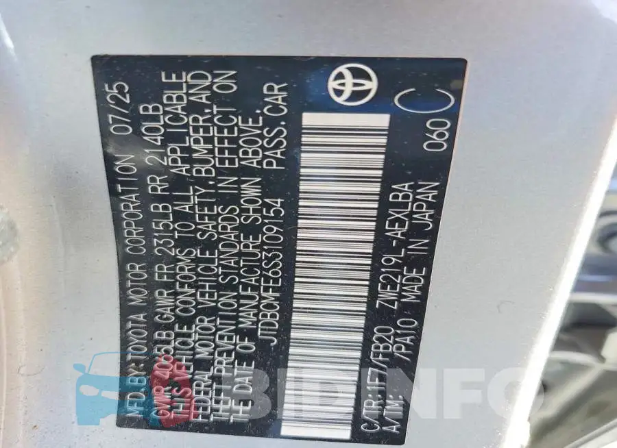 JTDBCMFE6S3109154 Photo# 12