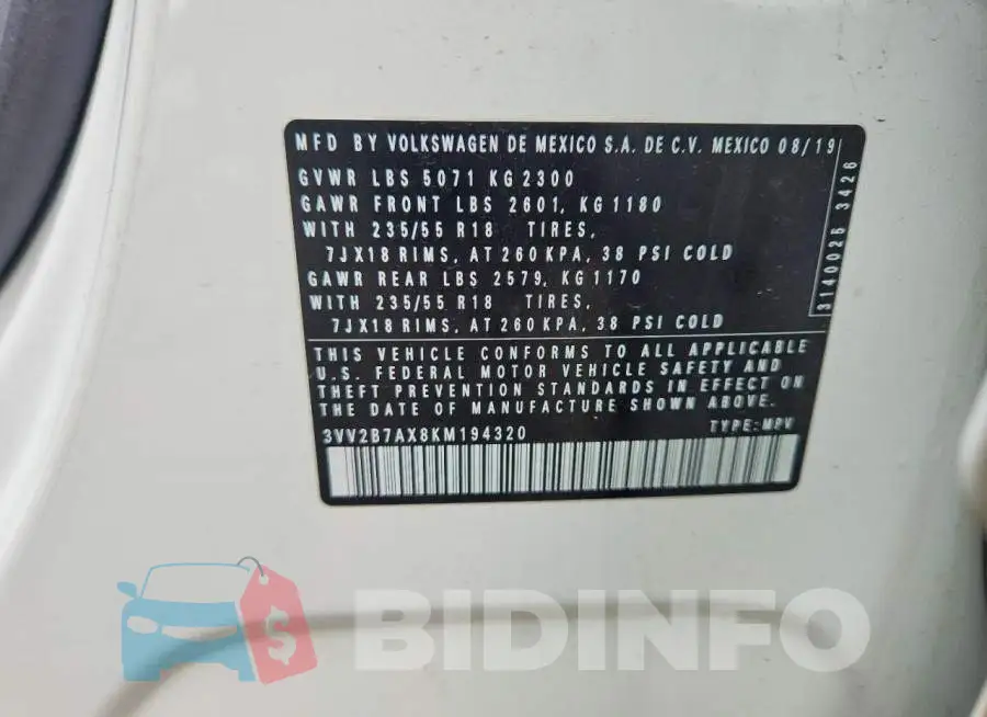 3VV2B7AX8KM194320 Photo# 13