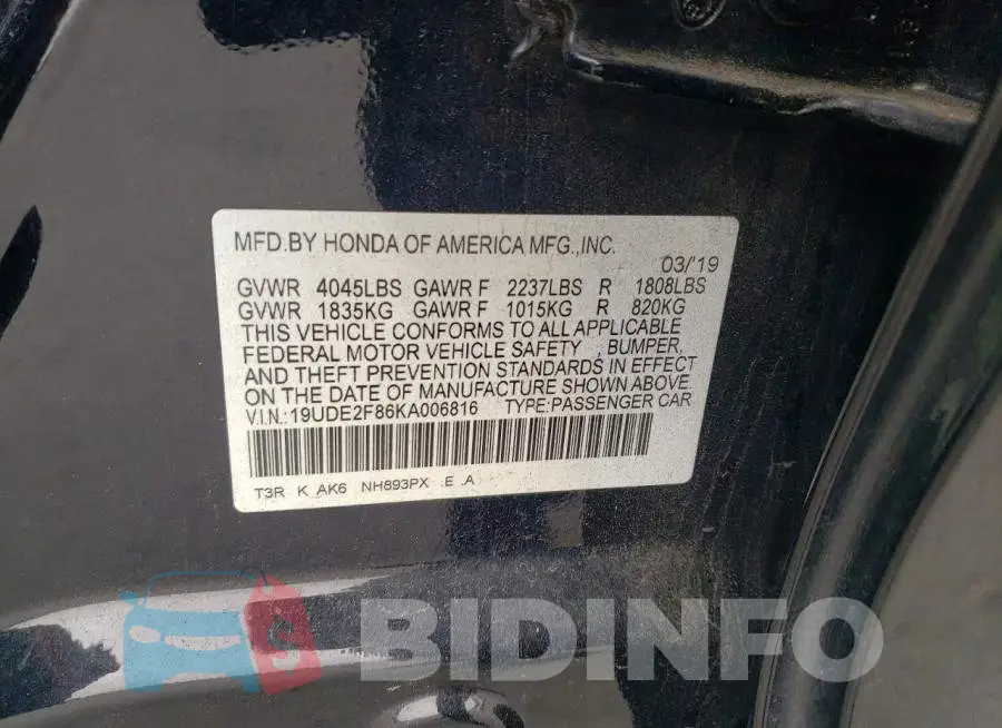19UDE2F86KA006816 Photo# 12