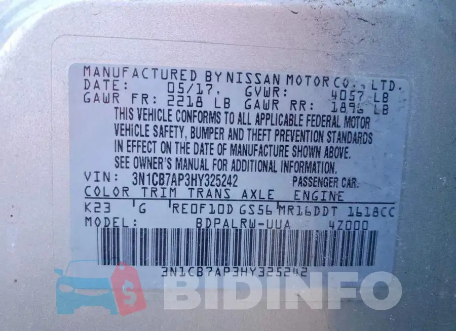3N1CB7AP3HY325242 Photo# 12