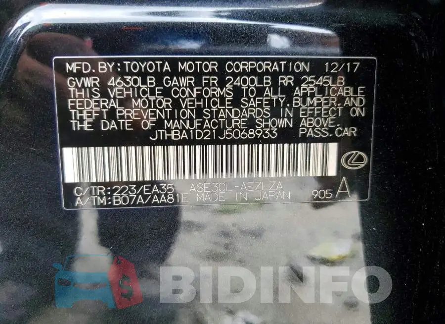 JTHBA1D21J5068933 Photo# 12