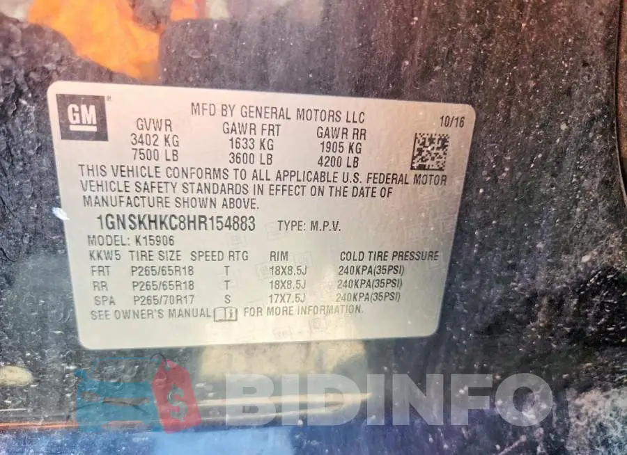 1GNSKHKC8HR154883 Photo# 14