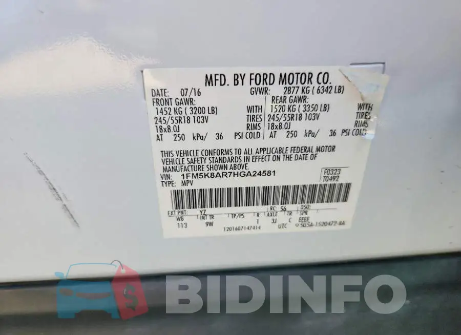1FM5K8AR7HGA24581 Photo# 14
