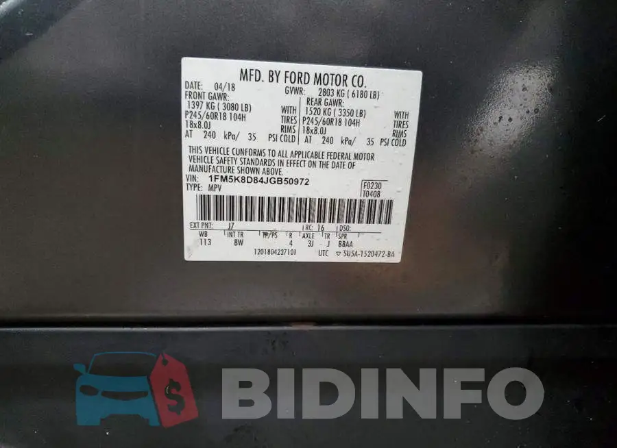 1FM5K8D84JGB50972 Photo# 12