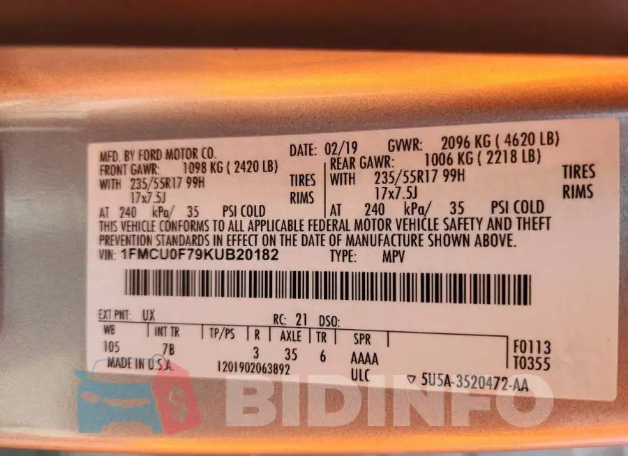 1FMCU0F79KUB20182 Photo# 13
